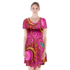 Abstract Pink Gold Floral Print Pattern Short Sleeve V-neck Flare Dress by SpinnyChairDesigns