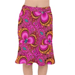 Abstract Pink Gold Floral Print Pattern Short Mermaid Skirt by SpinnyChairDesigns