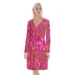 Abstract Pink Gold Floral Print Pattern Long Sleeve Velvet Front Wrap Dress by SpinnyChairDesigns