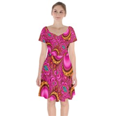 Abstract Pink Gold Floral Print Pattern Short Sleeve Bardot Dress by SpinnyChairDesigns