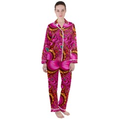 Abstract Pink Gold Floral Print Pattern Satin Long Sleeve Pyjamas Set by SpinnyChairDesigns