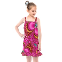 Abstract Pink Gold Floral Print Pattern Kids  Overall Dress by SpinnyChairDesigns