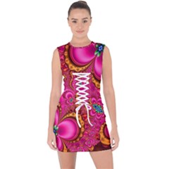 Abstract Pink Gold Floral Print Pattern Lace Up Front Bodycon Dress by SpinnyChairDesigns