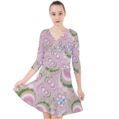 Pastel Pink Abstract Floral Print Pattern Quarter Sleeve Front Wrap Dress by SpinnyChairDesigns