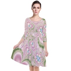 Pastel Pink Abstract Floral Print Pattern Quarter Sleeve Waist Band Dress by SpinnyChairDesigns