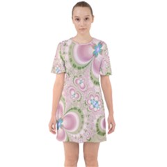 Pastel Pink Abstract Floral Print Pattern Sixties Short Sleeve Mini Dress by SpinnyChairDesigns