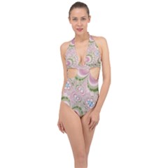 Pastel Pink Abstract Floral Print Pattern Halter Front Plunge Swimsuit by SpinnyChairDesigns