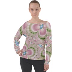 Pastel Pink Abstract Floral Print Pattern Off Shoulder Long Sleeve Velour Top by SpinnyChairDesigns