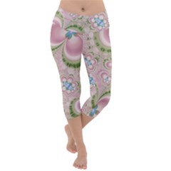 Pastel Pink Abstract Floral Print Pattern Lightweight Velour Capri Yoga Leggings by SpinnyChairDesigns