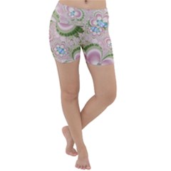 Pastel Pink Abstract Floral Print Pattern Lightweight Velour Yoga Shorts by SpinnyChairDesigns