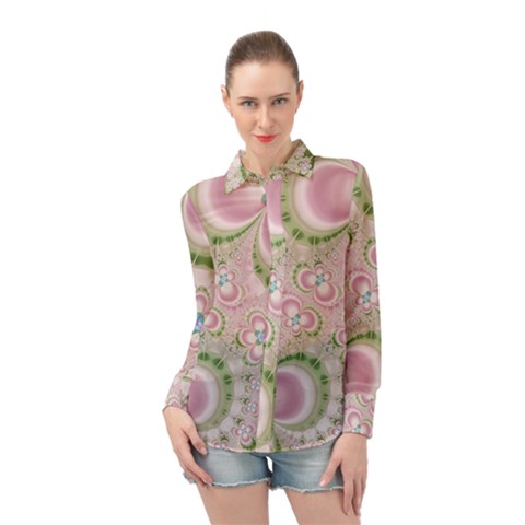 Pastel Pink Abstract Floral Print Pattern Long Sleeve Chiffon Shirt by SpinnyChairDesigns