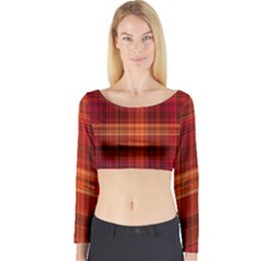 Red Brown Orange Plaid Pattern Long Sleeve Crop Top by SpinnyChairDesigns