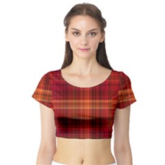 Red Brown Orange Plaid Pattern Short Sleeve Crop Top by SpinnyChairDesigns