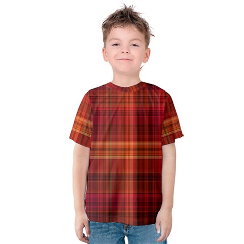 Red Brown Orange Plaid Pattern Kids  Cotton Tee by SpinnyChairDesigns