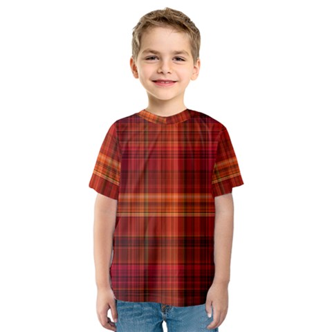 Red Brown Orange Plaid Pattern Kids  Sport Mesh Tee by SpinnyChairDesigns