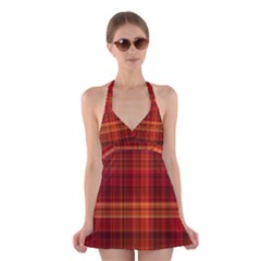 Red Brown Orange Plaid Pattern Halter Dress Swimsuit  by SpinnyChairDesigns