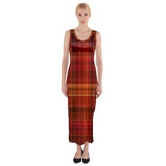 Red Brown Orange Plaid Pattern Fitted Maxi Dress