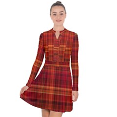 Red Brown Orange Plaid Pattern Long Sleeve Panel Dress by SpinnyChairDesigns