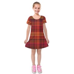 Red Brown Orange Plaid Pattern Kids  Short Sleeve Velvet Dress by SpinnyChairDesigns