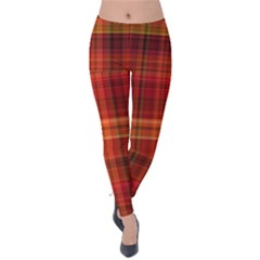 Red Brown Orange Plaid Pattern Velvet Leggings by SpinnyChairDesigns