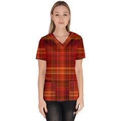 Red Brown Orange Plaid Pattern Women s V-neck Scrub Top by SpinnyChairDesigns