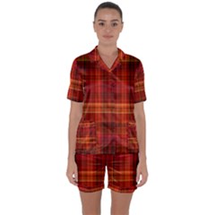 Red Brown Orange Plaid Pattern Satin Short Sleeve Pyjamas Set by SpinnyChairDesigns