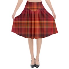 Red Brown Orange Plaid Pattern Flared Midi Skirt by SpinnyChairDesigns