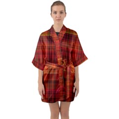 Red Brown Orange Plaid Pattern Half Sleeve Satin Kimono  by SpinnyChairDesigns