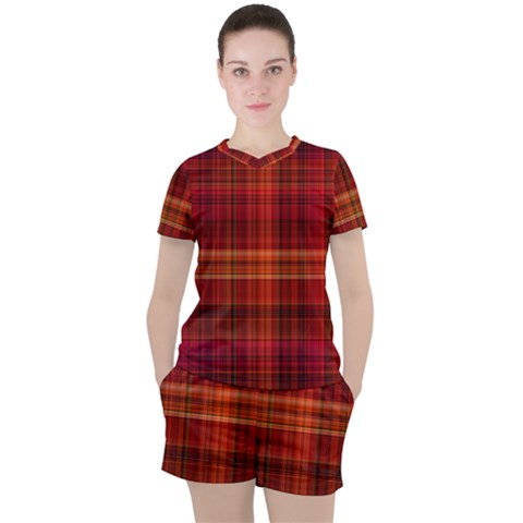 Red Brown Orange Plaid Pattern Women s Tee And Shorts Set by SpinnyChairDesigns