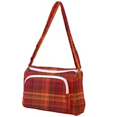 Red Brown Orange Plaid Pattern Front Pocket Crossbody Bag by SpinnyChairDesigns