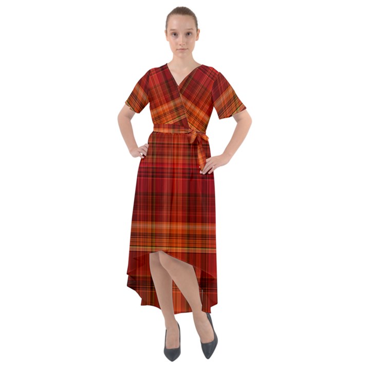 Red Brown Orange Plaid Pattern Front Wrap High Low Dress