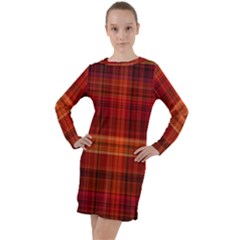 Red Brown Orange Plaid Pattern Long Sleeve Hoodie Dress by SpinnyChairDesigns