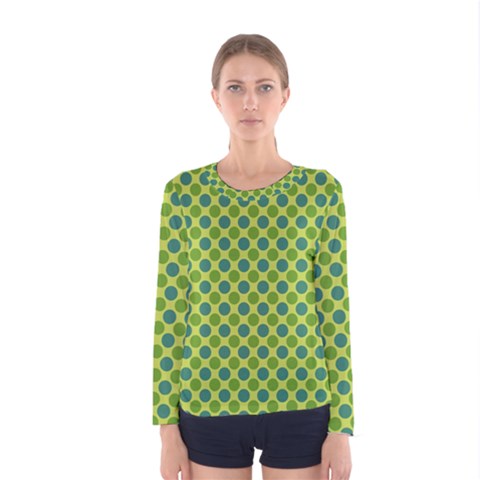 Green Polka Dots Spots Pattern Women s Long Sleeve Tee by SpinnyChairDesigns