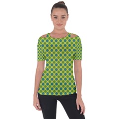 Green Polka Dots Spots Pattern Shoulder Cut Out Short Sleeve Top by SpinnyChairDesigns