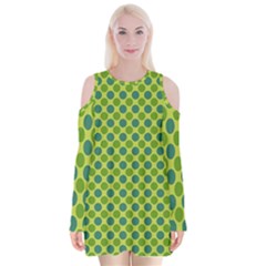 Green Polka Dots Spots Pattern Velvet Long Sleeve Shoulder Cutout Dress by SpinnyChairDesigns