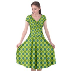 Green Polka Dots Spots Pattern Cap Sleeve Wrap Front Dress by SpinnyChairDesigns