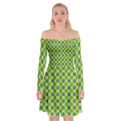 Green Polka Dots Spots Pattern Off Shoulder Skater Dress by SpinnyChairDesigns