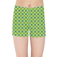 Green Polka Dots Spots Pattern Kids  Sports Shorts by SpinnyChairDesigns