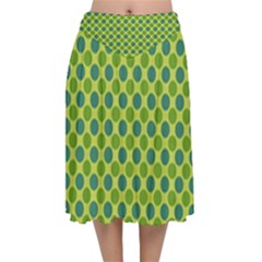 Green Polka Dots Spots Pattern Velvet Flared Midi Skirt by SpinnyChairDesigns