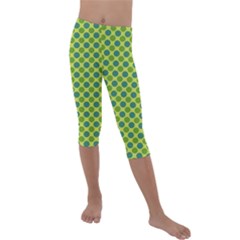 Green Polka Dots Spots Pattern Kids  Lightweight Velour Capri Leggings  by SpinnyChairDesigns