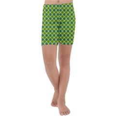 Green Polka Dots Spots Pattern Kids  Lightweight Velour Capri Yoga Leggings by SpinnyChairDesigns