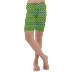 Green Polka Dots Spots Pattern Kids  Lightweight Velour Cropped Yoga Leggings by SpinnyChairDesigns