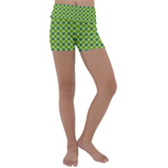 Green Polka Dots Spots Pattern Kids  Lightweight Velour Yoga Shorts by SpinnyChairDesigns