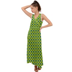 Green Polka Dots Spots Pattern V-neck Chiffon Maxi Dress by SpinnyChairDesigns