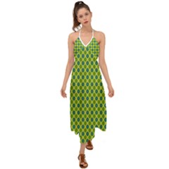 Green Polka Dots Spots Pattern Halter Tie Back Dress  by SpinnyChairDesigns