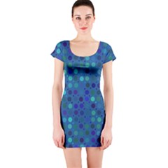 Blue Polka Dots Pattern Short Sleeve Bodycon Dress by SpinnyChairDesigns