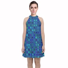 Blue Polka Dots Pattern Velvet Halter Neckline Dress  by SpinnyChairDesigns