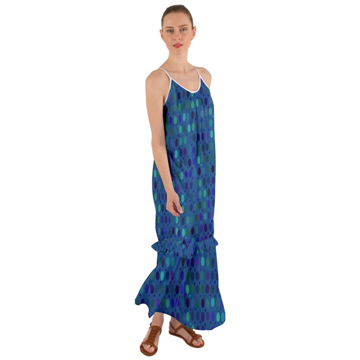 Blue Polka Dots Pattern Cami Maxi Ruffle Chiffon Dress