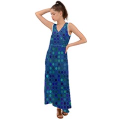 Blue Polka Dots Pattern V-neck Chiffon Maxi Dress by SpinnyChairDesigns