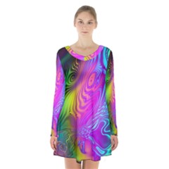 Psychedelic Swirl Trippy Abstract Art Long Sleeve Velvet V-neck Dress by SpinnyChairDesigns